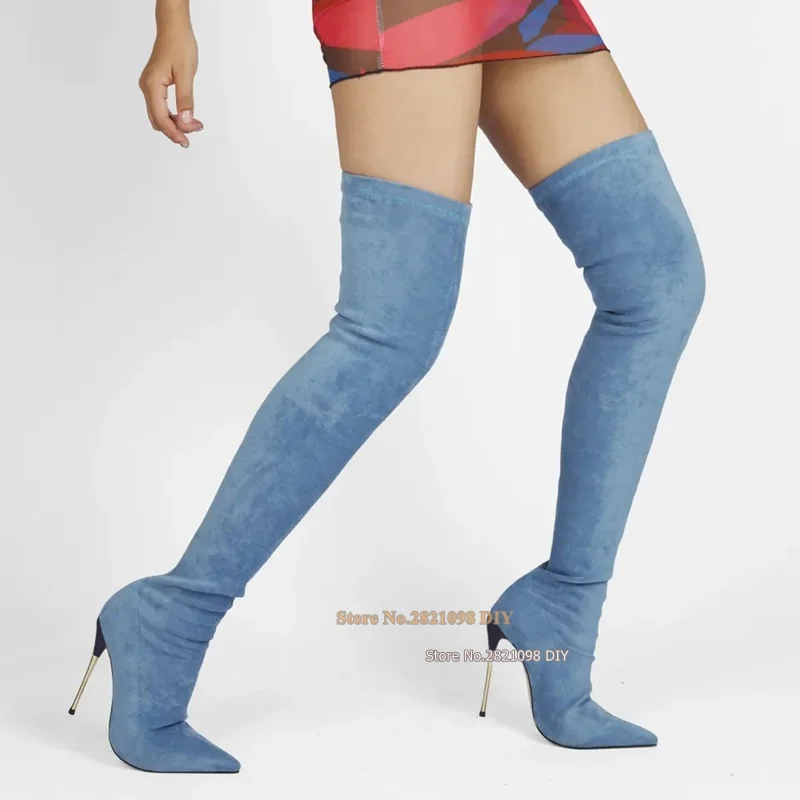 

Blue Jeans Women's Suede Thigh High Heel Boots Gold Metal Thin Heeled Pointed Stretch Over The Knee Long Boot Shoes Women