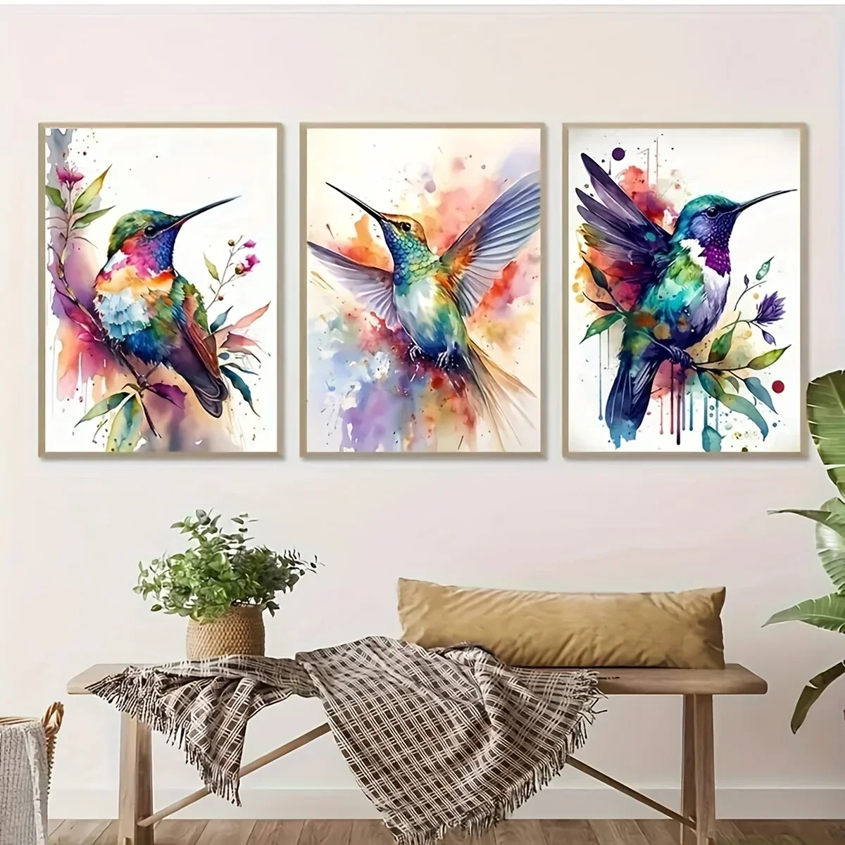 （Unframe 3PCS）-Bohemian style hummingbird canvas art prints set of 3, watercolor bird wall decor, unframed modern abstract ar