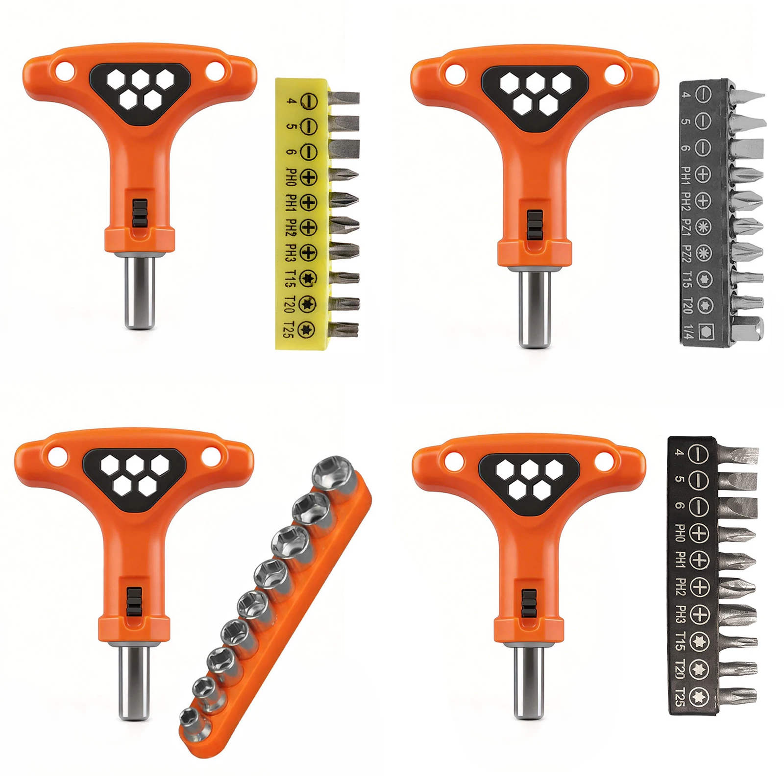 T Handle Ratchet Driver with Non-Slip Handle Adjustable T Shape Wrench Multifunctional for 1/4 Inch Hex Screwdrivers Bits Set