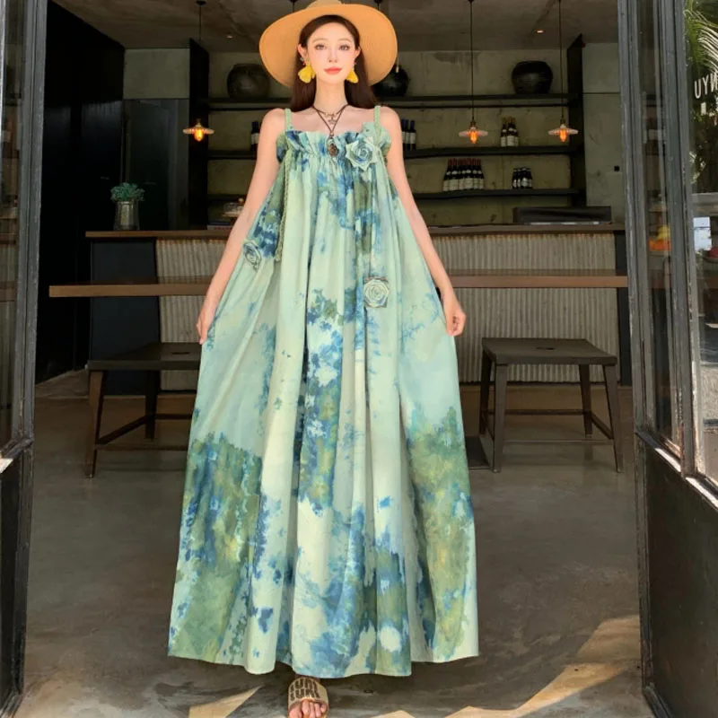 

Летнее женское богемное платье миди с принтом тушью для отпуска, модное винтажное повседневное свободное длинное платье на бретелях, Vestidos Mujer