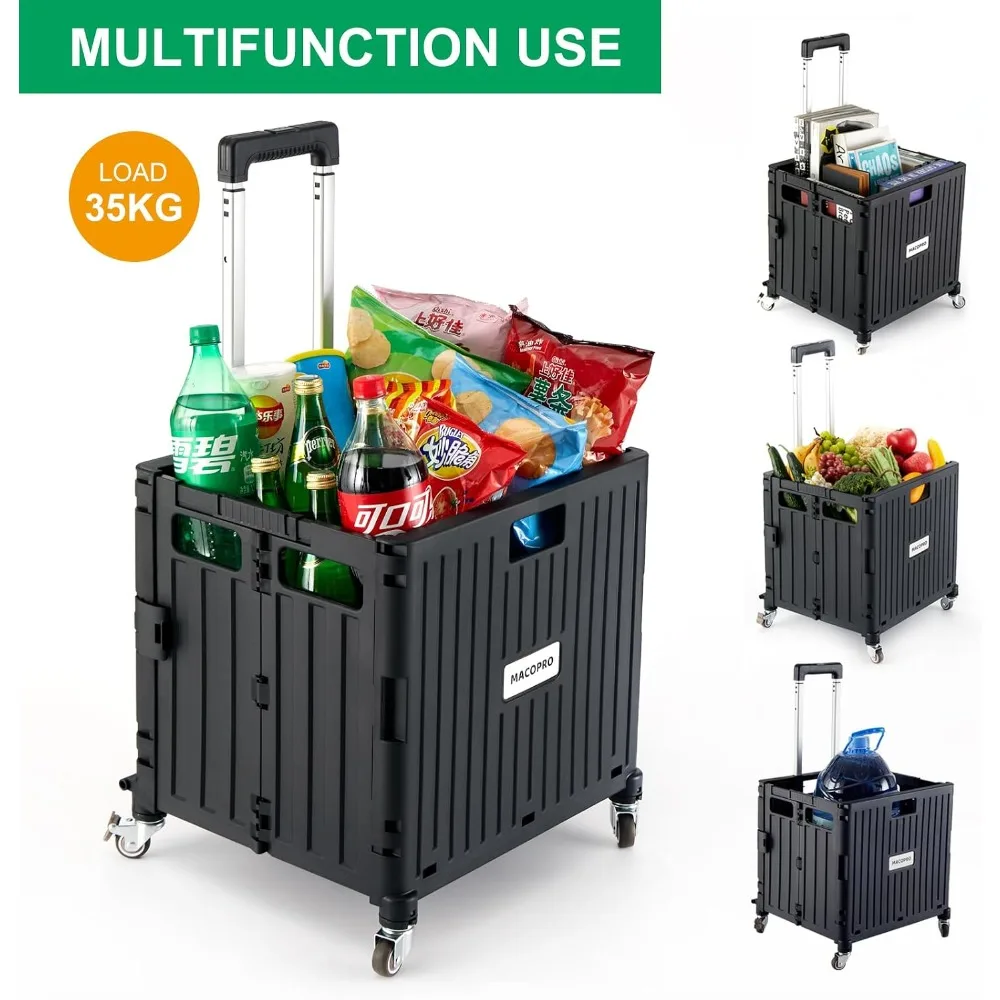 Folding Utility Cart Rolling Crate with Lid Basket 4 Wheels for Grocery Office Black