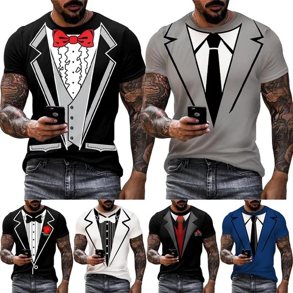 New Fashion Funny Fake Suit 3D T Shirt Tuxedo Bow Tie 3D Printed T-shirts Men Summer Streetwear Top