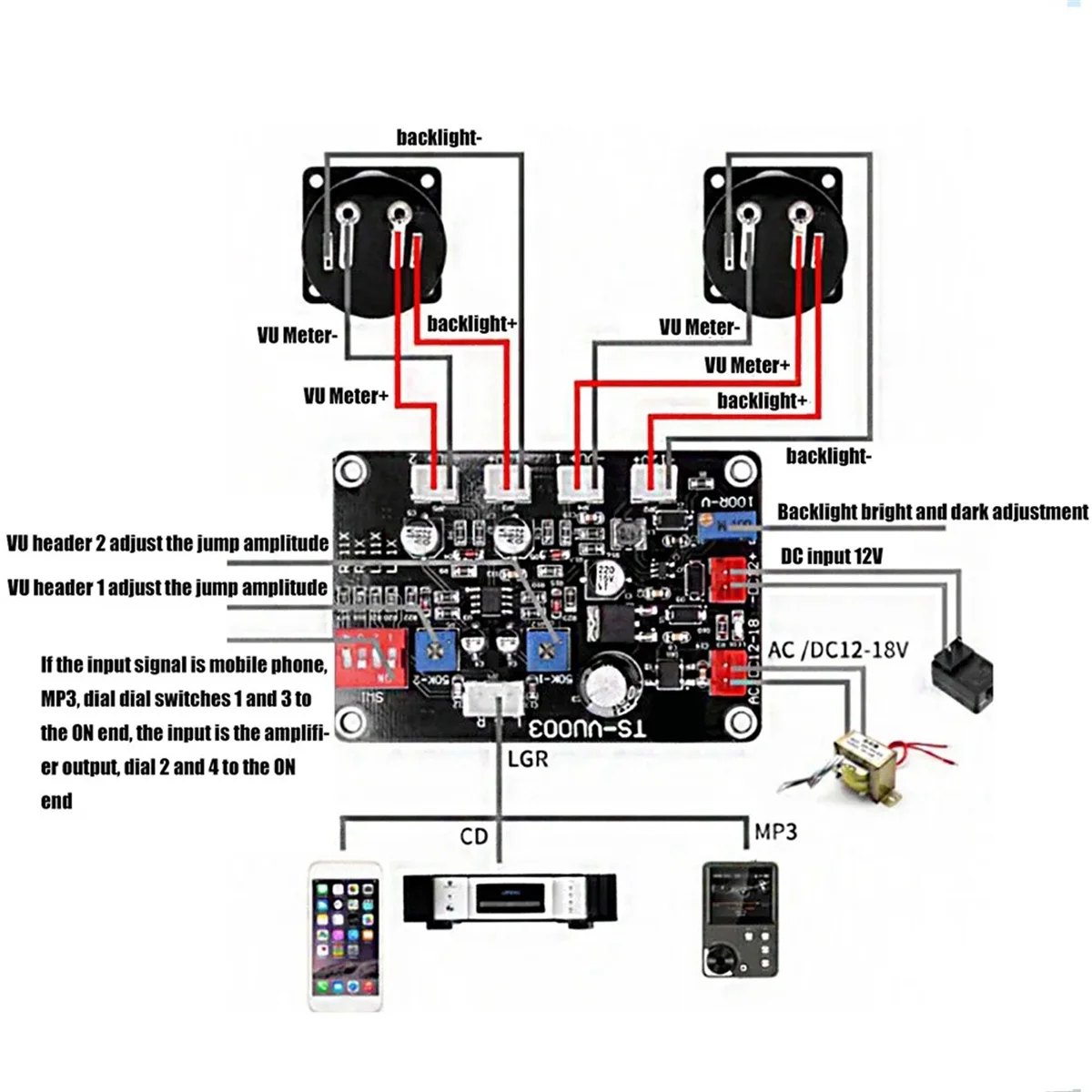 VU Meter Driver Board, ajustar luz de fundo, alta frequência, Low-Pass, acessórios, TS-VU003