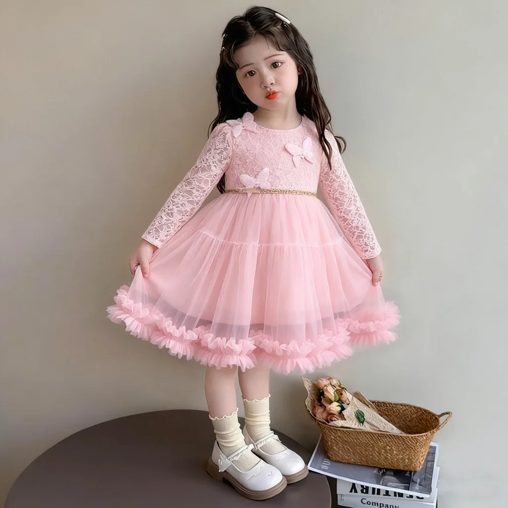 

Платье для девочек, весна и осень 2025 года, новое детское осеннее зарубежное модное сетчатое платье принцессы для малышей, осеннее платье
