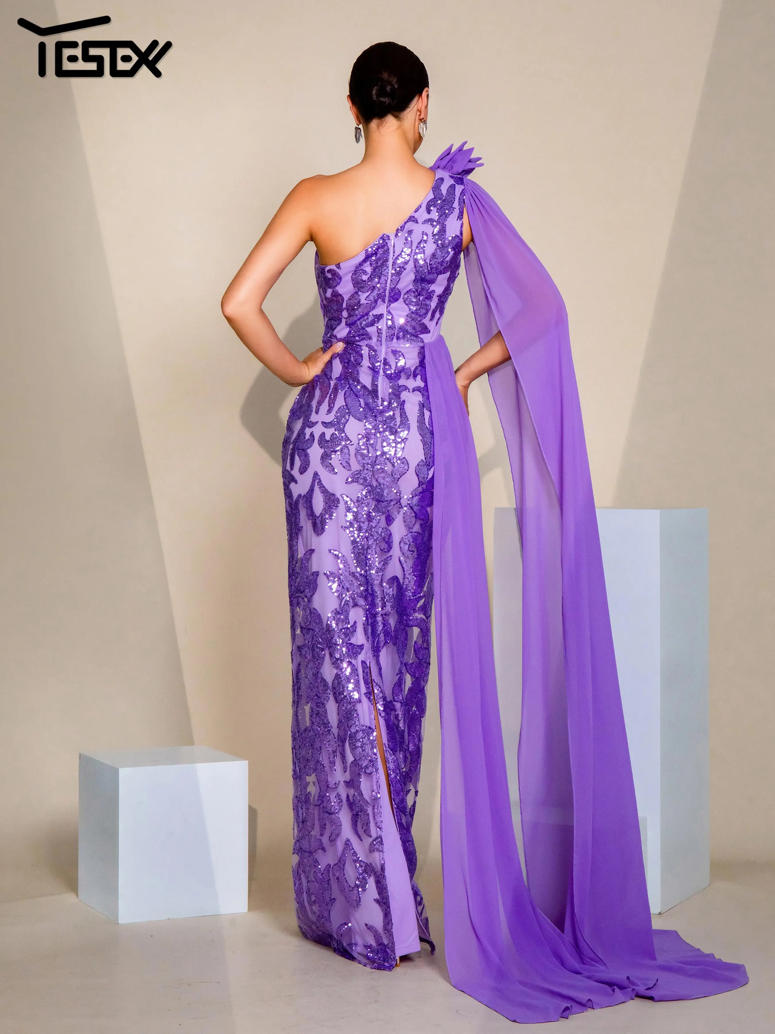 Yesexy New Purple Chic Elegant One Shoulder Sequin Mermaid Draped Evening Gown Wedding Birthday Party Formal Occasion Dresses