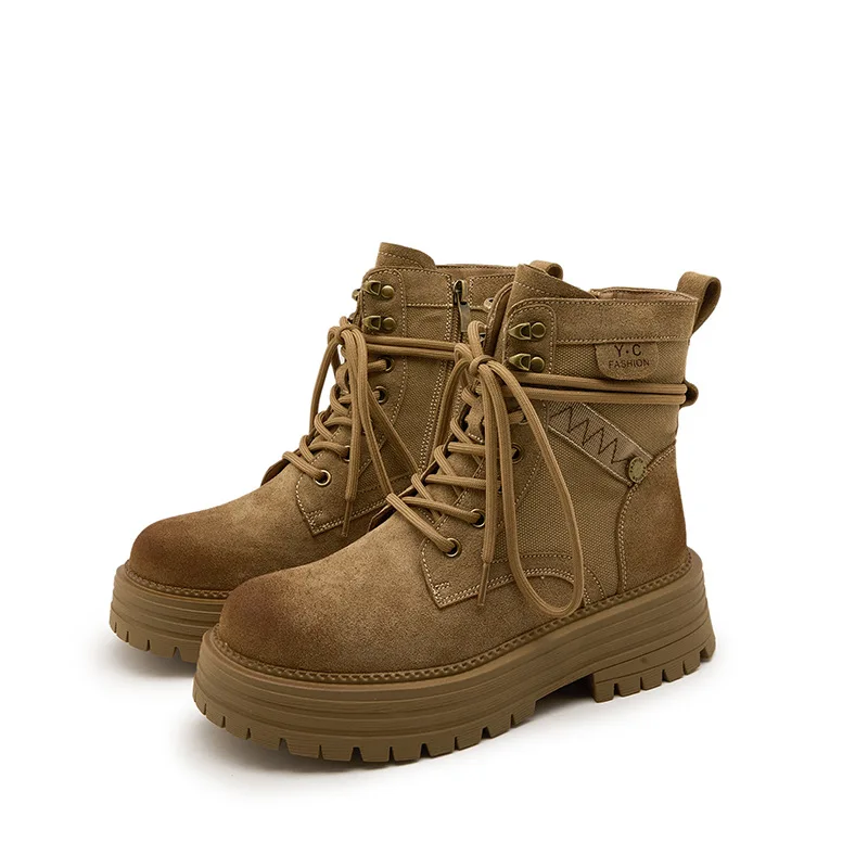 Retro Dames Effen Kleur Ronde Neus Korte Laarzen Dikke Bodem Wandelschoenen Ademend Outdoor Vrije tijd All-match Cosplay Laarzen Nieuw