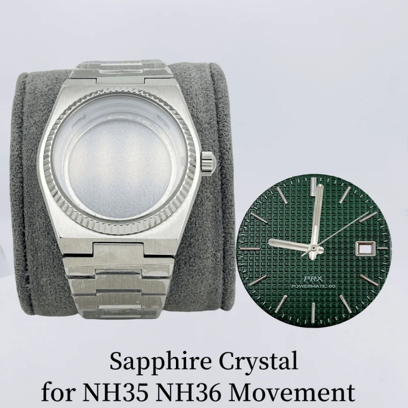 Cinturino in acciaio con cassa in argento da 40 mm per custodia per lettore PRX modificata NH35 NH70 NH36/72/4R/7S Movimento in vetro zaffiro attraverso il fondo senza logo