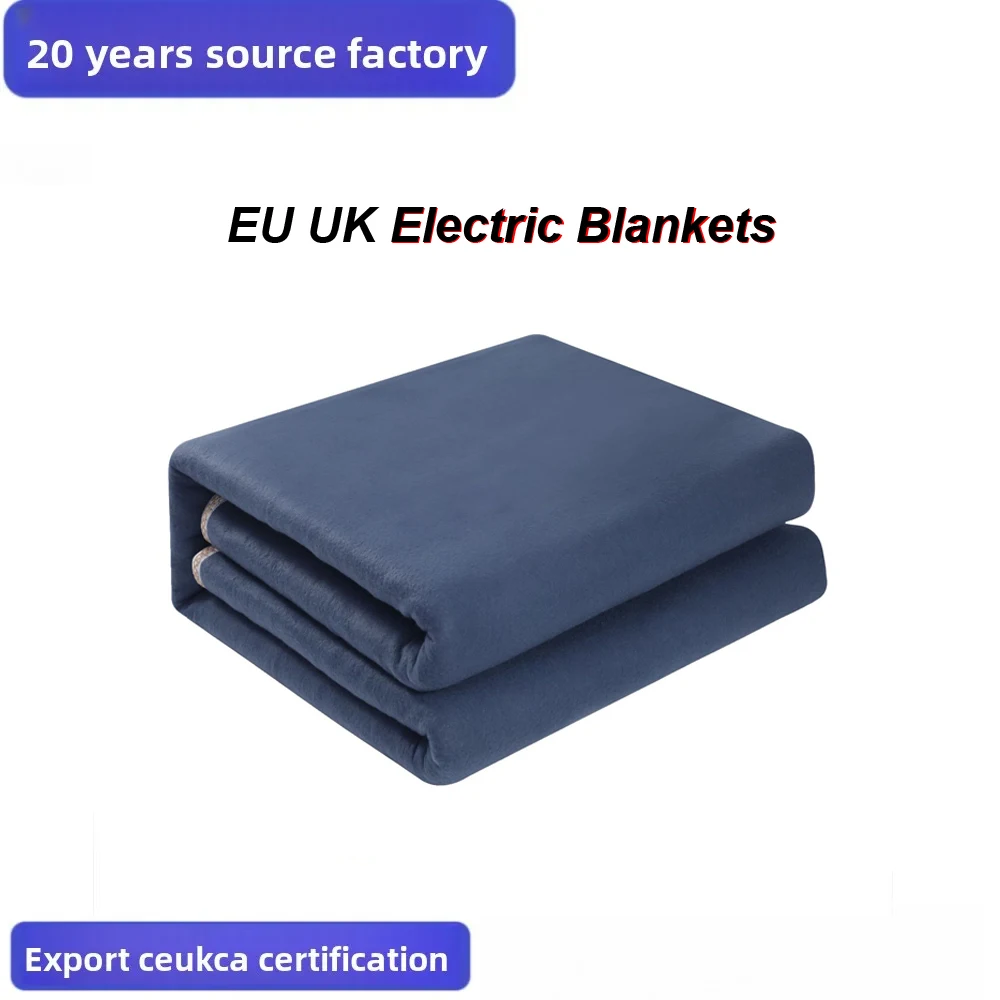 Manta calefactora de felpa azul sólido con enchufe de la UE del Reino Unido, manta calefactora eléctrica a prueba de humedad de tamaño doble individual con certificación de seguridad