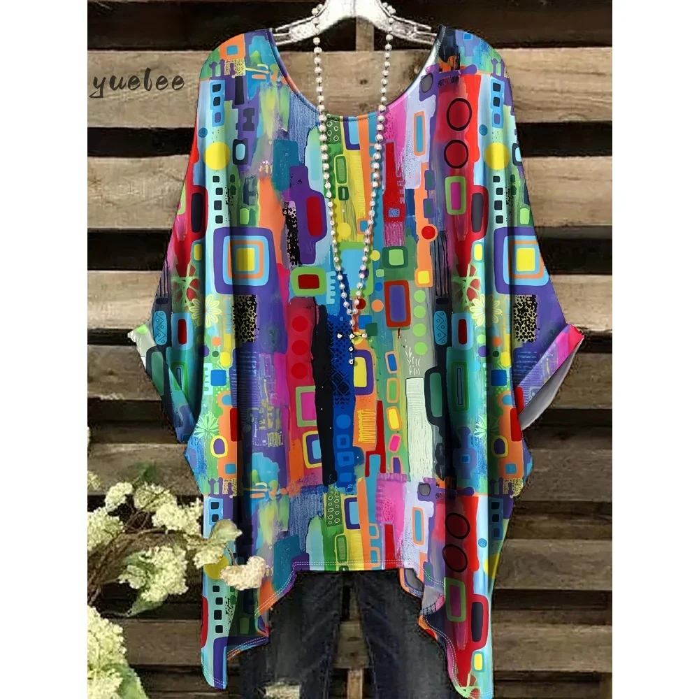 

Женская футболка с рисунком маслом, нерегулярная полосатая футболка с принтом, летняя футболка с неровным подолом, круглым вырезом и короткими рукавами, женская одежда