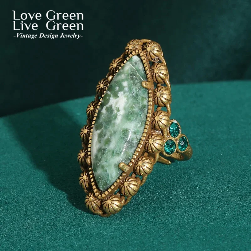 

Vintage Olive Green Natural Stone Ring Adjustable Gold Color Wedding Bridal Luxury Designer Accessories Woman Jewelry 2025 New