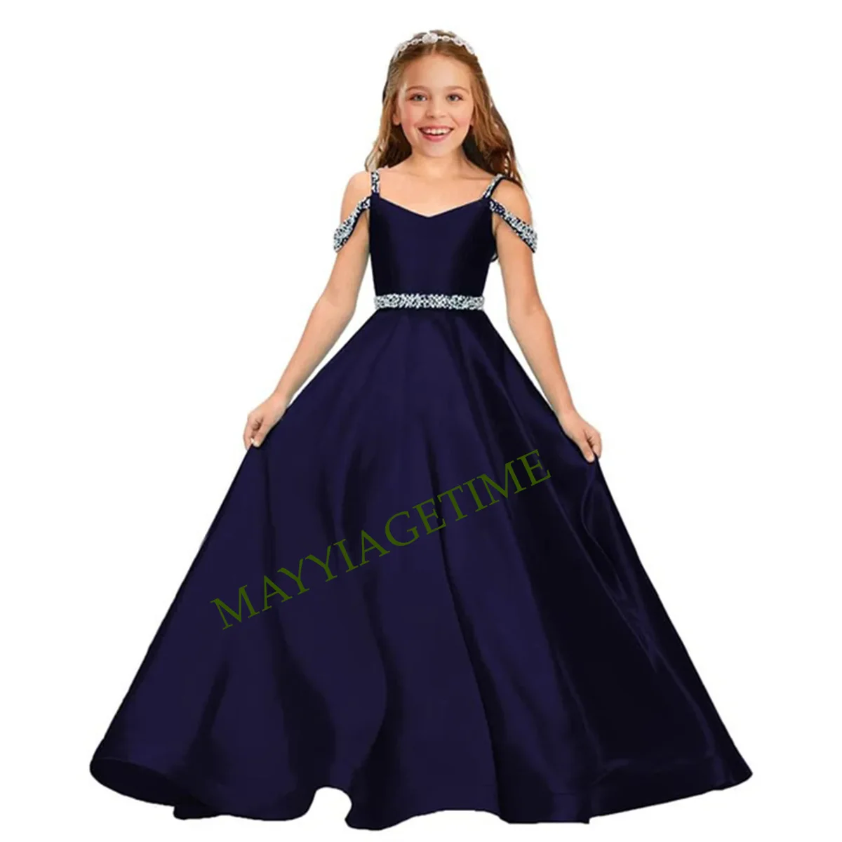 Eleganti abiti da festa di nozze per bambini in raso con perline lunghe con spalle scoperte compleanno Flower Girl Dress abiti da sera formali per ragazze