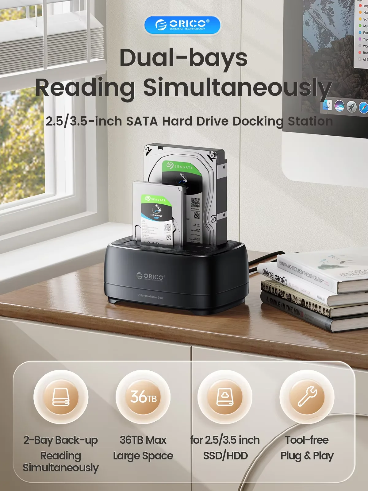 محطة القرص الصلب ORICO ثنائية الخليج USB3.0 5Gbps Type-C محطة إرساء HDD مع محول طاقة 12 فولت 3A لمحرك الأقراص الصلبة/SSD مقاس 2.5/3.5 بوصة