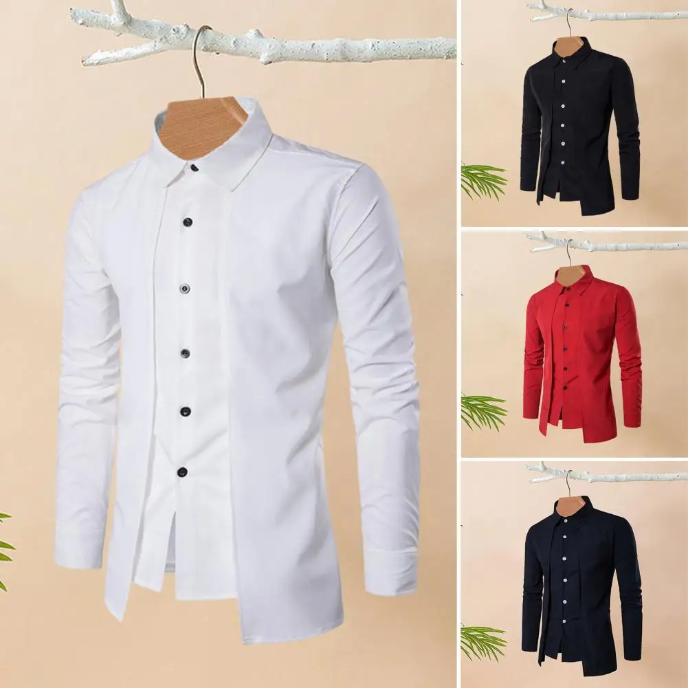 Men Shirt Men's Fake Two-piece Stand Collar Shirt Slim Fit Cardigan for Fall Spring Business Wear Lightweight Men Shirt