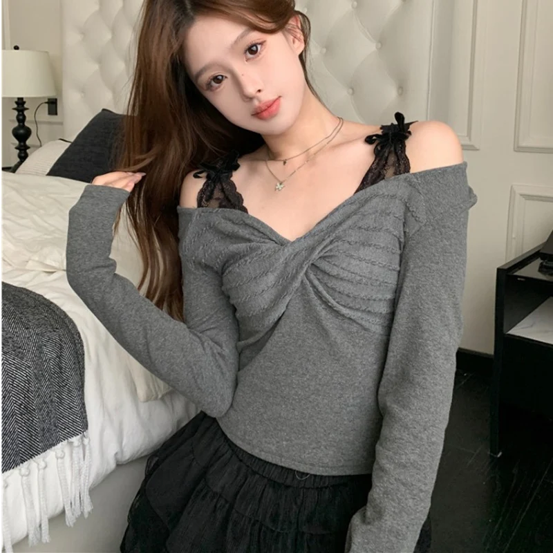 Sexy Sloping Shoulder Lace Ribbon Top Three-dimensional Flowers Knitted Long Sleeved T-shirt 2024 Autumn New Women's Top