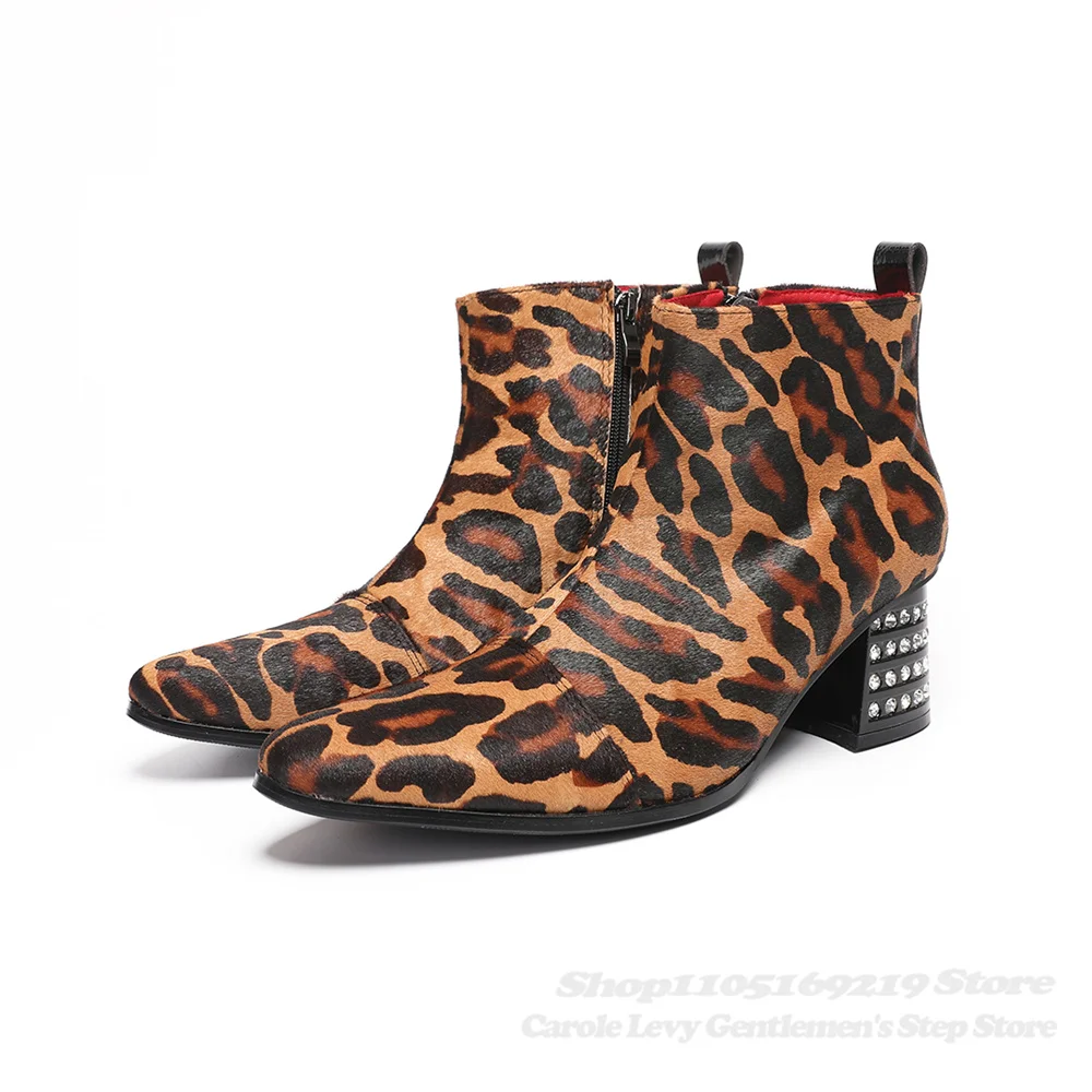 Leopard Print New Metal Square Toe Chunky Heel Ankle Boot Men Rivets Thick Heel Side Zipper Handmade Punk Party Dress Short Boot