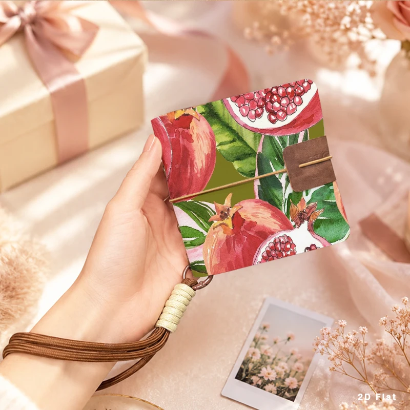 Watercolor Pomegranate Fruit Leaf Print Mini Pocket Photo Album with Detachable Wrist Strap Elegant Birthday Gift for Girls & Ar