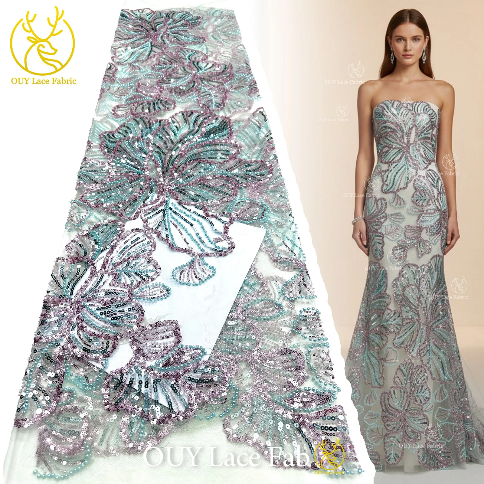 

2026 Newest African Sequin Lace Fabric French Beaded Embroidery Tulle Mesh Lace Fabric for Wedding Party Dress Sewing 5 yards