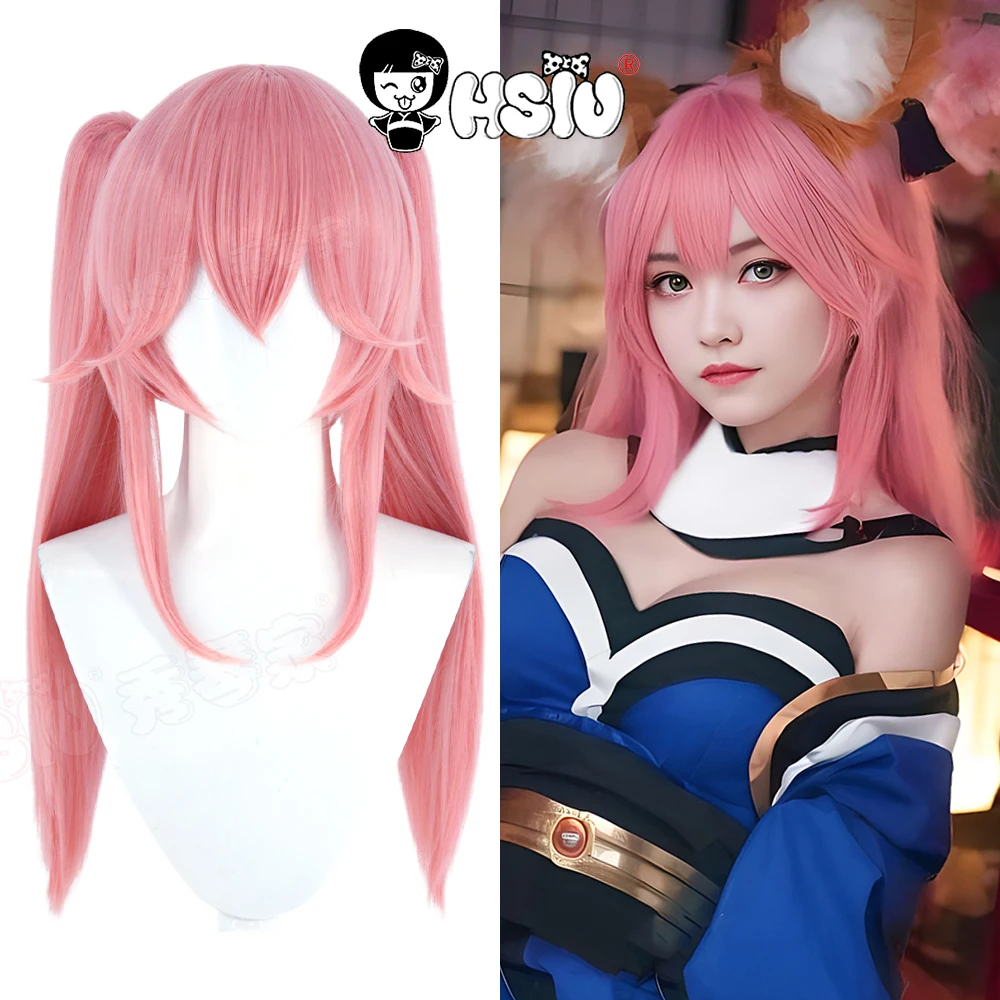 

Tamamo no Mae Косплей Парик HSIU 60 СМ Дымчатый розовый двойной хвост Длинные волосы Синтетический парик + Кепка для парика Игра FGO Fate Косплей Парик