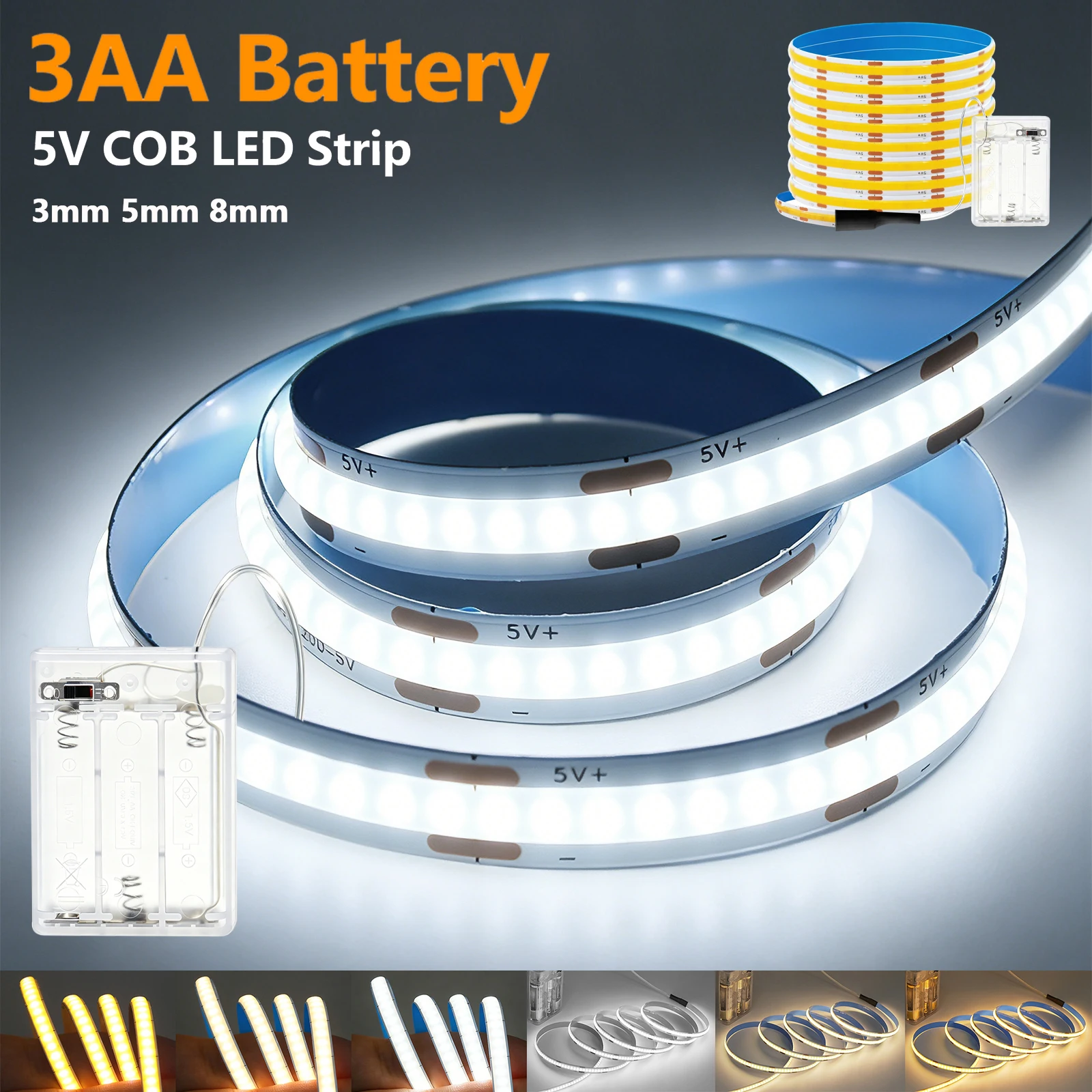Decor Lighting Hours - 5Vバッテリー電源COB LEDストリップ 3mm 5mm 8mm PCBリボンテープ