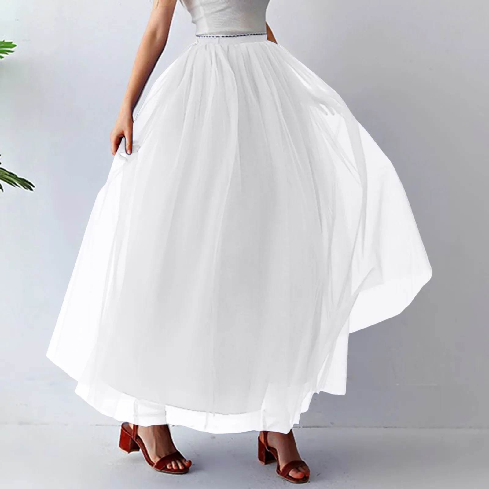 Women Fashion Mid Length Tutu Dress Adult Elastic Waist High Low Tulle Maxi Dress for Party Carnival Match Rivet Jacket