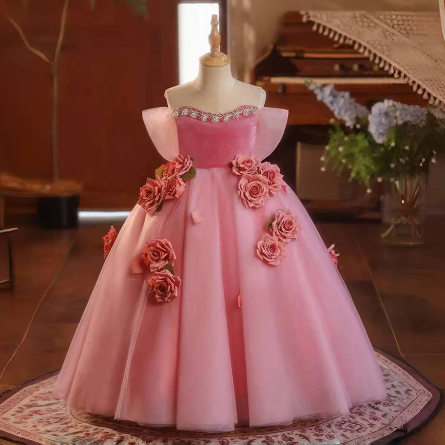 

Jill Wish Luxury Pink Girl Dress Handmade Flowers Arabic for Princess Kids Birthday Wedding Party Pageant Holiday Gown J040