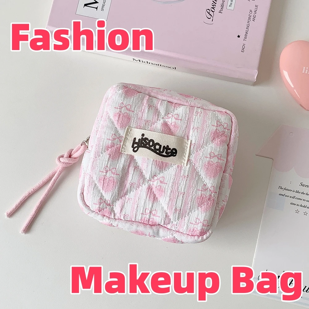Sweet Cartoon Strawberry Square Bow Makeup Bag Cute Girl Portable Travel Large Capacity Storage Headphone Bag Women's Gift