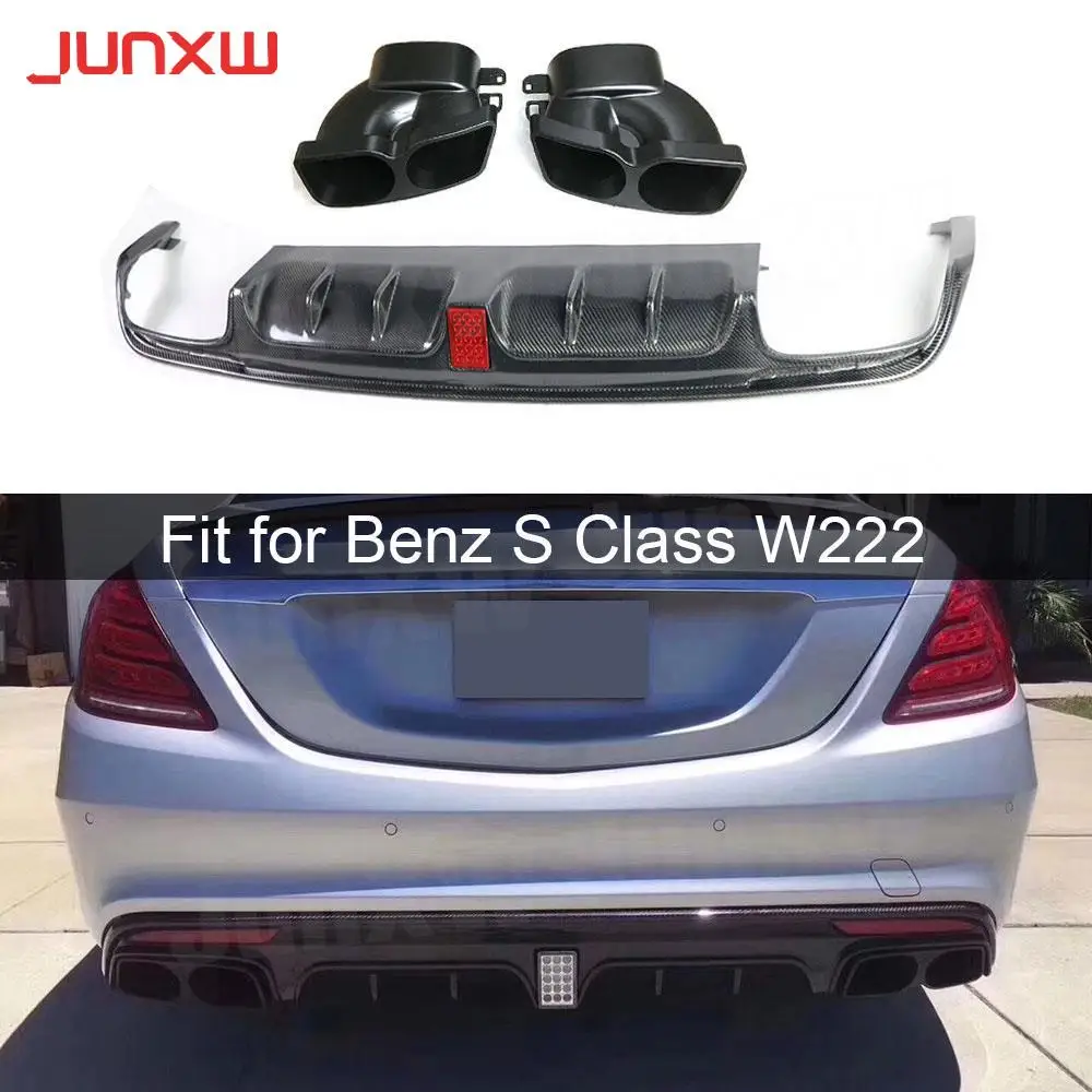 For S Class W222 Carbon Fiber Rear Bumper Lip Diffuser Spoiler for Mercedes Benz S63 S65 AMG 2013-2017 with Exhaust Muffer Tip