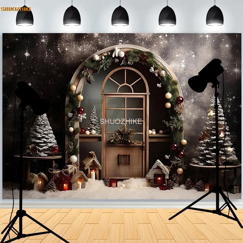 SHUOZHIKE พวงหรีดวันคริสต์มาส Snowman การถ่ายภาพฉากหลัง Props ครอบครัวห้องนั่งเล่นปีใหม่ภาพพื้นหลัง DJ-03