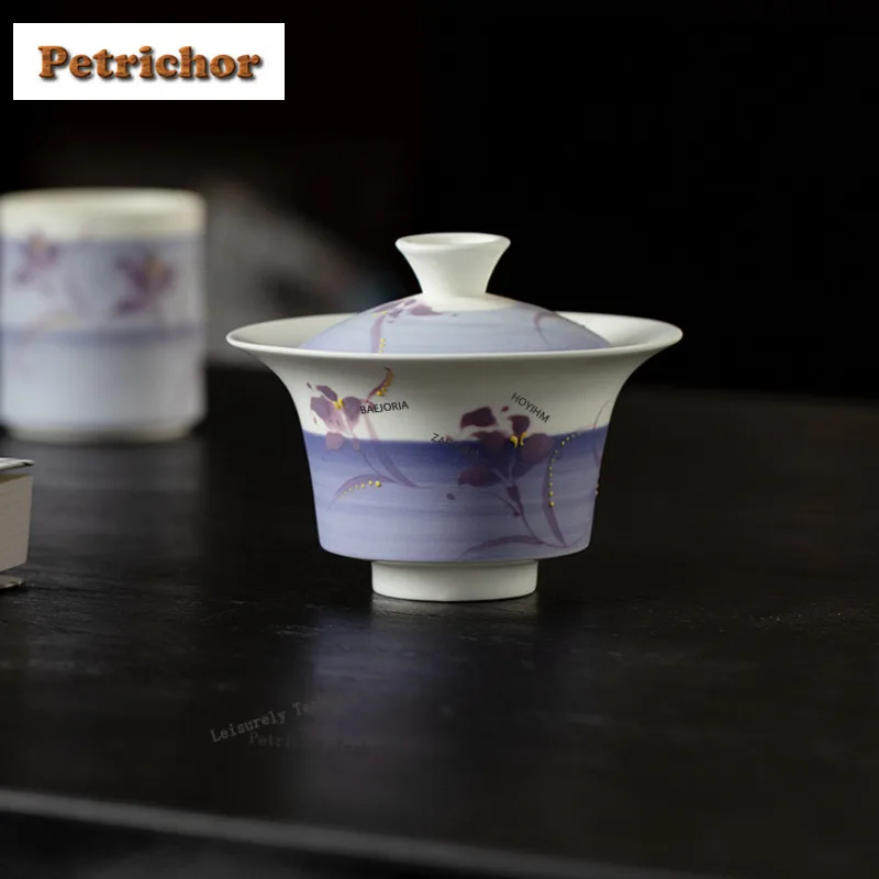 Hand-painted Purple Iris Flower Gaiwan Ancient Tea Tureen Household Tea Bowl With Lid Kit Tea Maker Cover Bowl Cha Collection