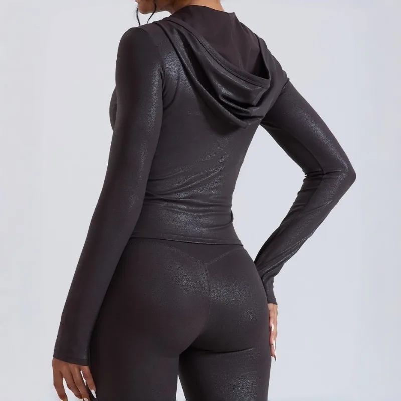 

Women's Faux Leather Yoga Top Windproof Tight Fitting Slimming Waist Cinching Zipper Sports Jacket Outdoor Running Fitness Top