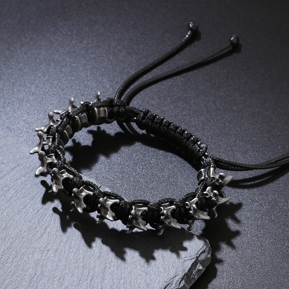 Vintage Gothic Spine Vertebrae Armband, verstellbares geflochtenes Seil/Metall, Punk, Halloween, Biker-Schmuck für Männer und Frauen, Geschenk