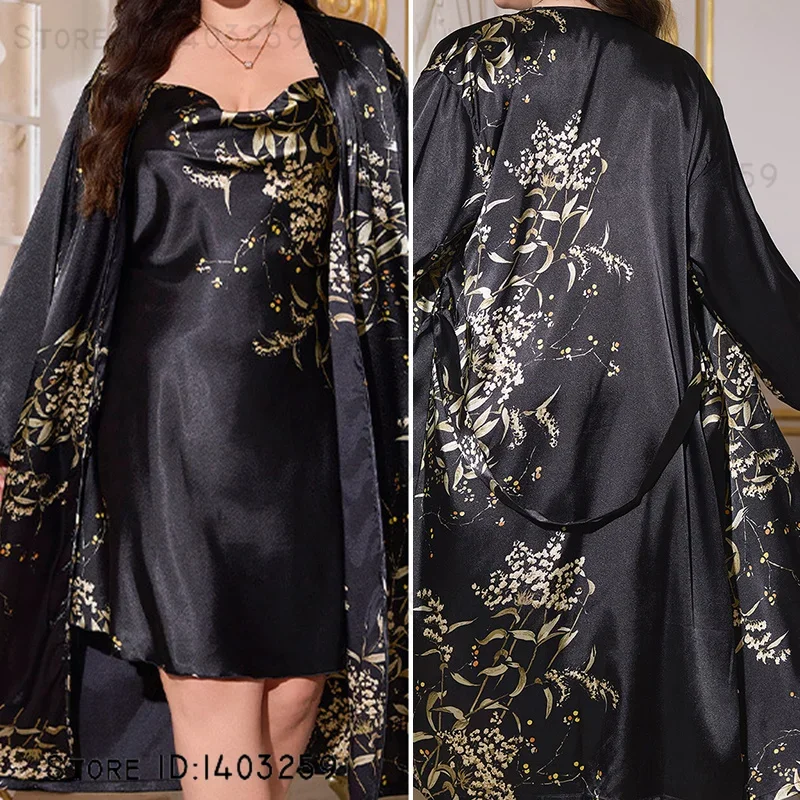 ชุดนอนและเสื้อคลุมไซส์ใหญ่ ลายเชอร์รี่ เสื้อคลุมอาบน้ำยาว ชุดนอนฤดูใบไม้ผลิ ฤดูร้อน ชุดนอนผู้หญิงใหม่ เสื้อคลุมหลวมๆ ชุดนอนใส่สบายๆ อยู่บ้าน