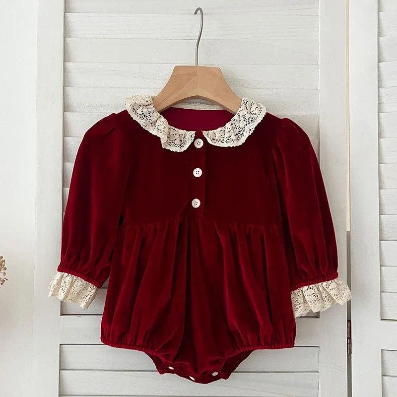 0-3Y Christmas Rompers Newborn Kids Baby Girl Red Romper Sweet Red Lace Princess Rompers Infant New Baby Girls Rompers Clothes