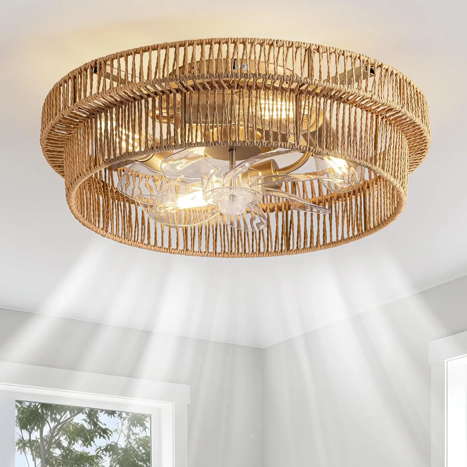 

Rattan Boho Ceiling Fan with Light Flush Mount, 20 Inch Caged Ceiling Fans with Light and Remote Control, Low Profile Enclosed 6