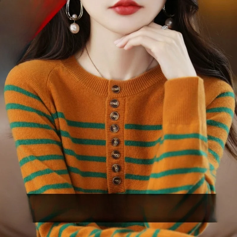Loose Fit Long Sve round Ne Striped Knitted Wool Sweater Women's Base irt Spring Autumn Faion Commute Sle Button D...