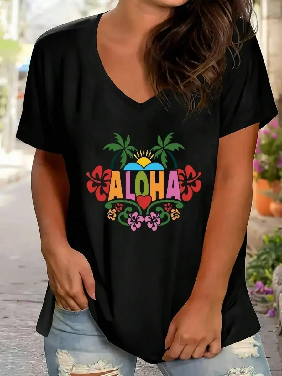 

Women V-Neck Short Sleeve T-Shirt With Tropical Floral Print Casual Loose Fit Tee For Spring Summer