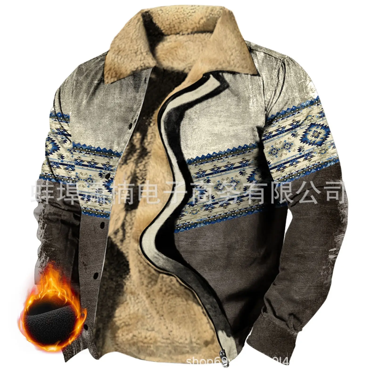 Men's Thickened Side Seam Socket Casual Printed Zipper Loose Blue Jacket