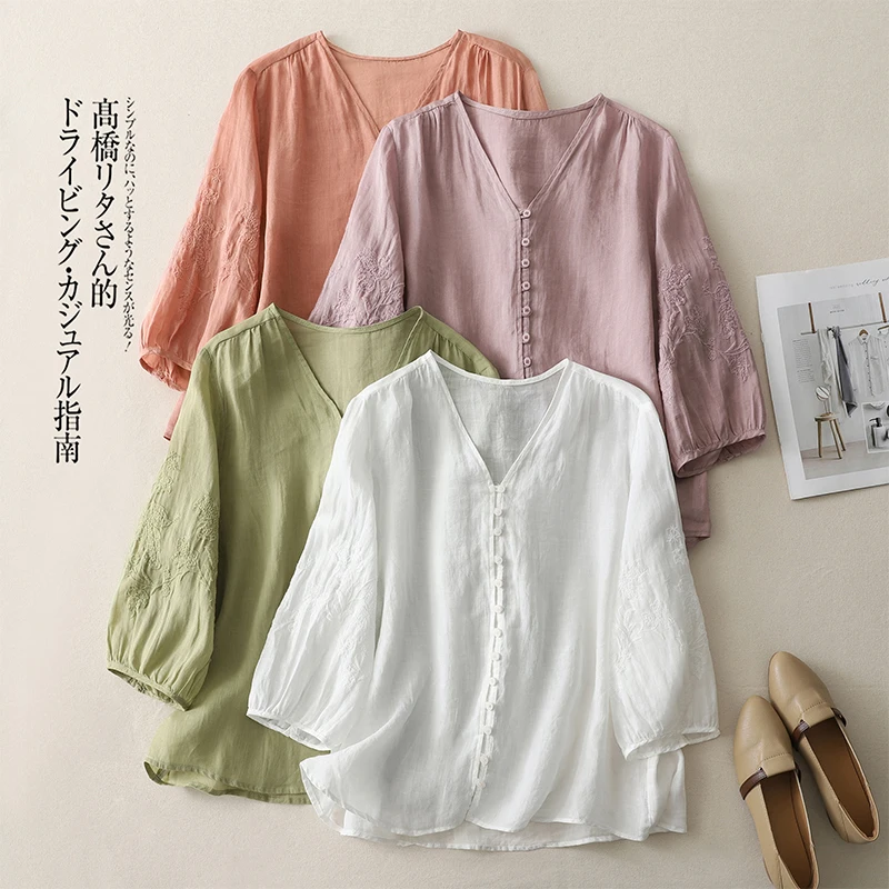 

New 2025 Summer Fashion Solid Embroidery Chic Loose Casual Beach Holiday Elegant Blouse Shirts Women Vintage Office Ladies Tops