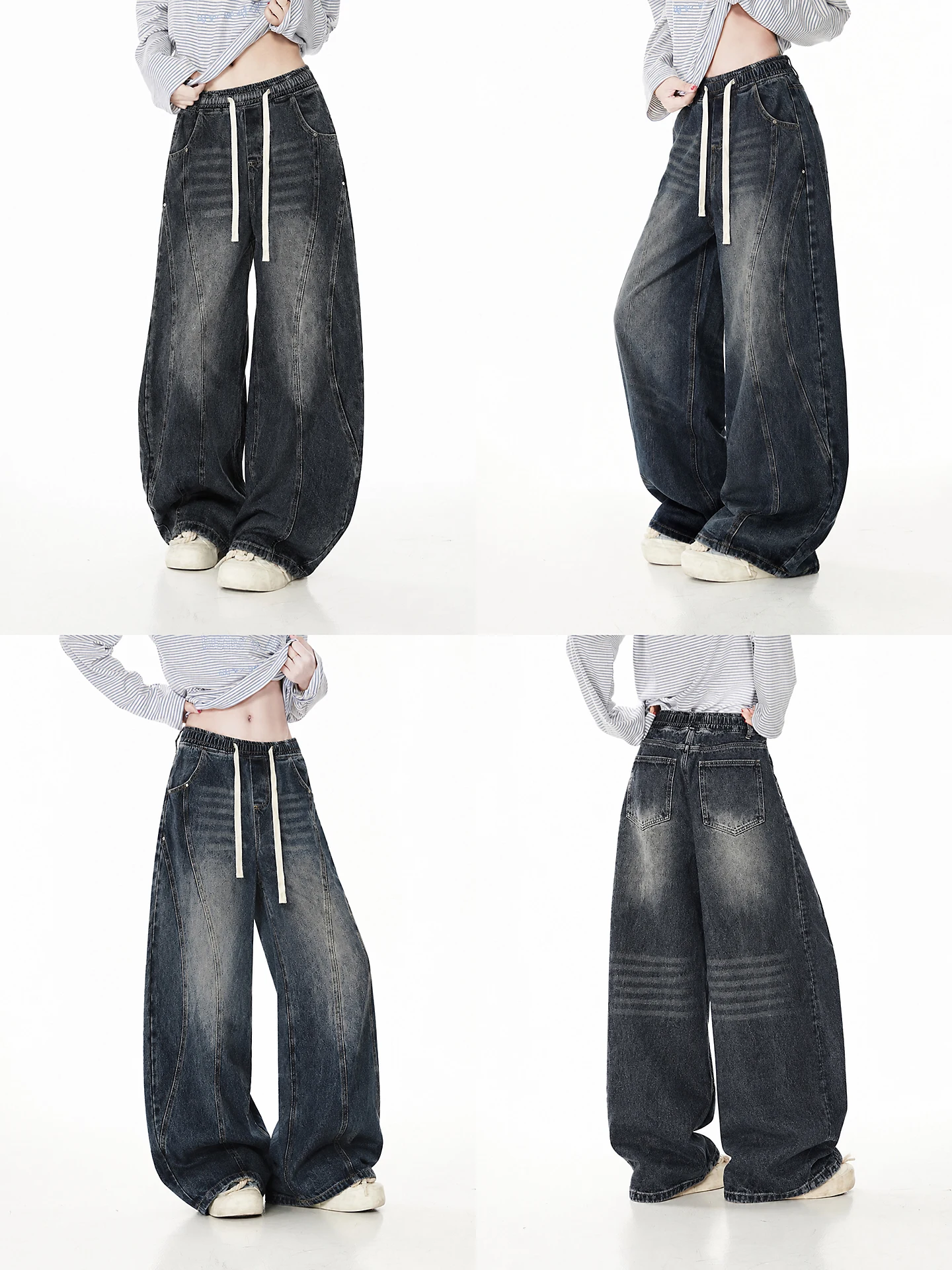 Ant American Retro Faded Denim Pants Women's Drawstring Design Loose Drapey Wide Leg Floor-Length Trousers Casual Style