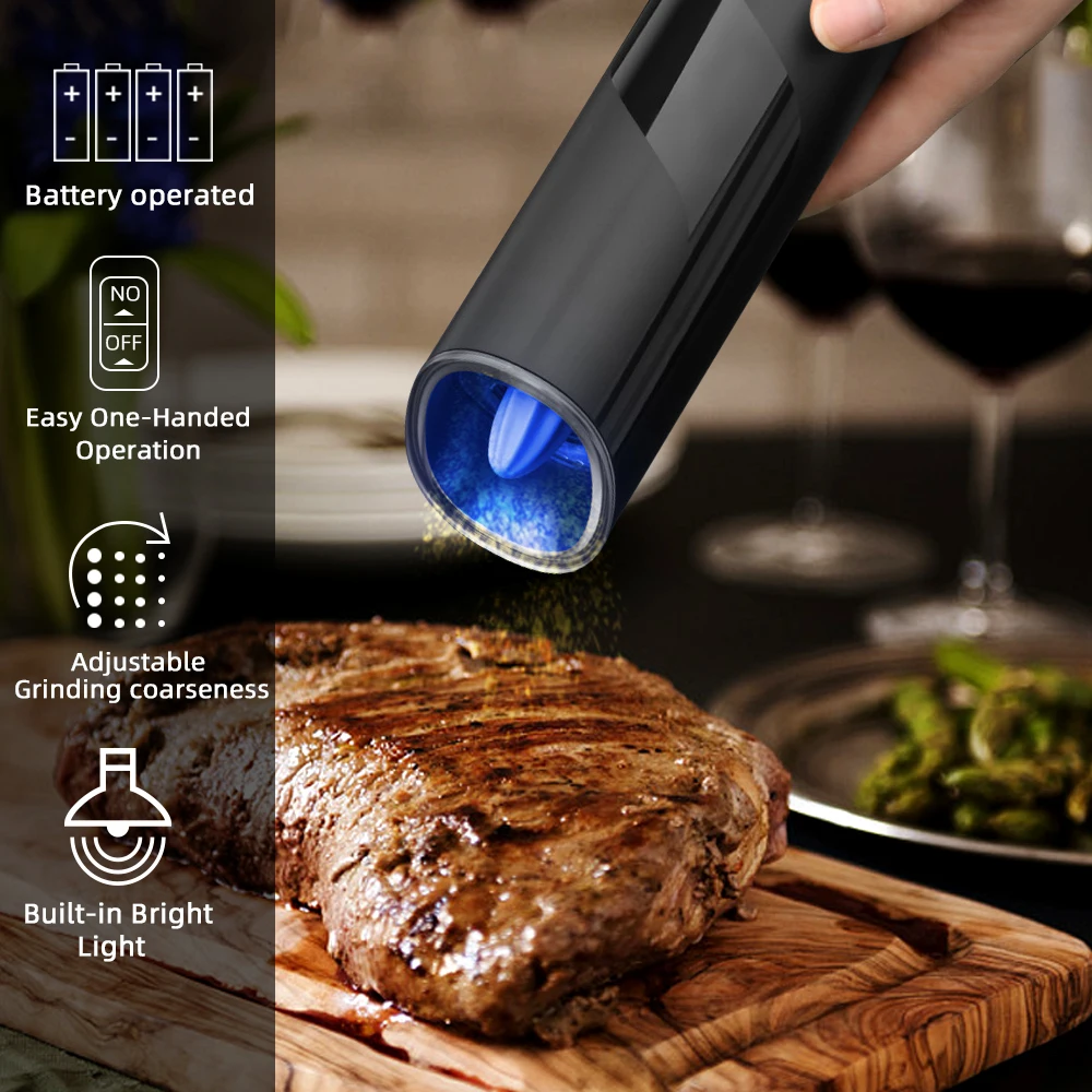 Electric Salt or Pepper Grinder, Battery Operated Gravity Pepper Grinder with Light Switch Button, Automatic Pepper Mill