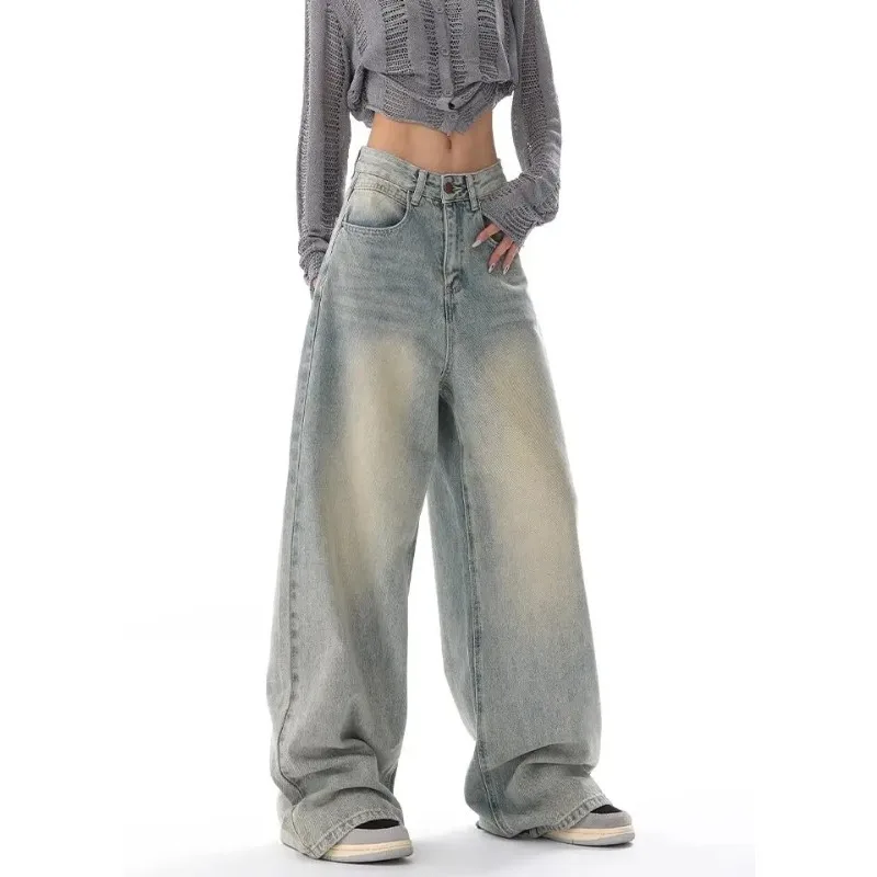 Duomofu خريف جديد خمر فضفاض بسيط جينز نسائي غير رسمي أمريكي كلاسيكي عالي الخصر نحيف موضة الجينز النسائي المتعثرة #5