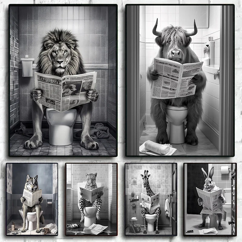 Lustiges Badezimmer-Poster mit Löwe und Kuh auf der Toilette, die Zeitung liest, Moderne Wandkunst, HD-Bild, Leinwanddruck für Raumdekoration