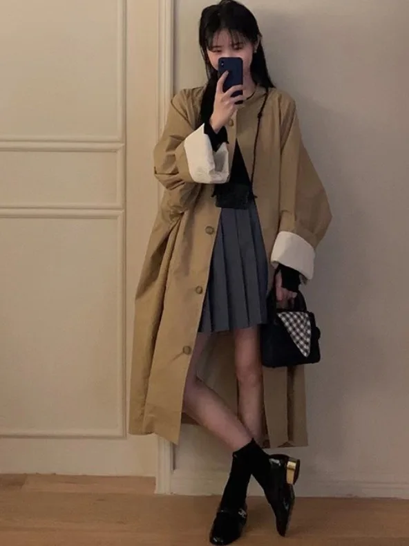 

i Long Single-Button Autumn Windbreaker Jaet Women's Slimming Coat Dongda Gate Ins Quali Retro Sle Commute Loose Fit