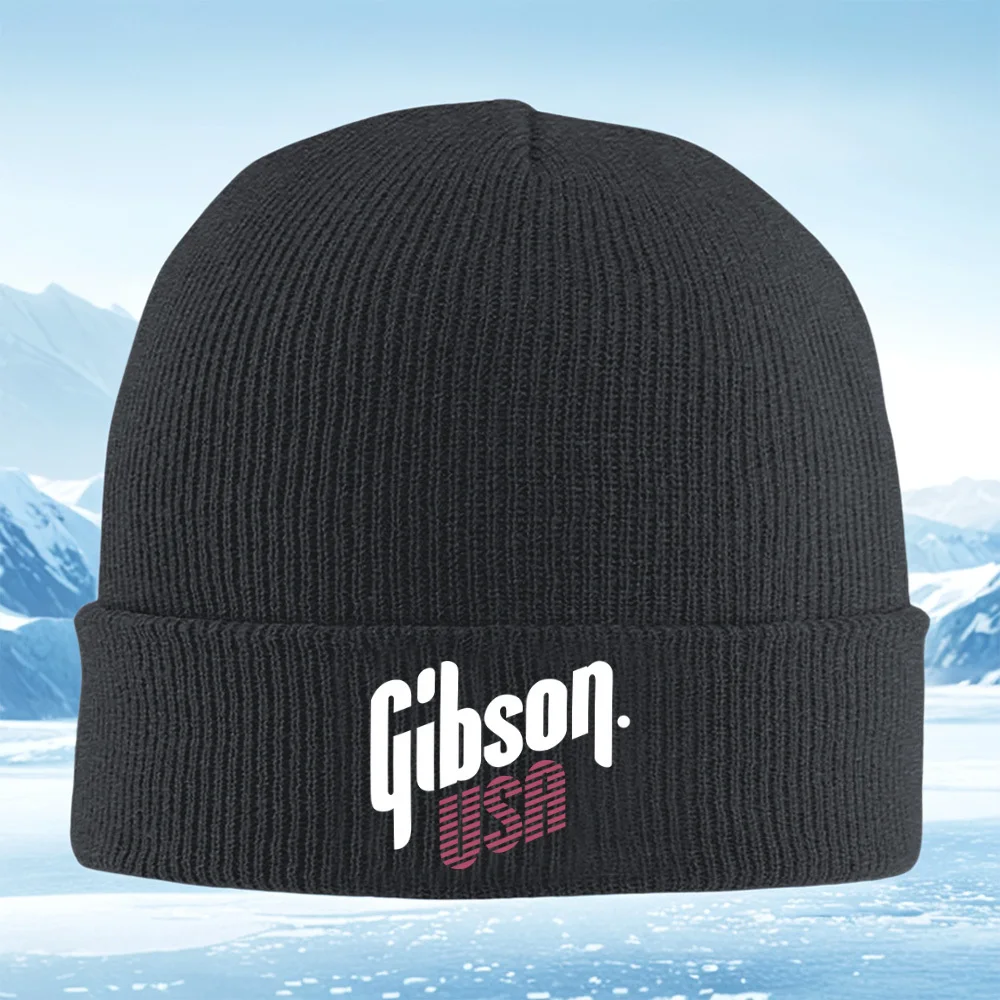 Gibson EE. UU. logo de la marca fondo negro Hombres Mujeres Gorro de punto unisex Gorro Jersey Gorro Invierno Térmico Cálido Navidad Al aire libre Cy