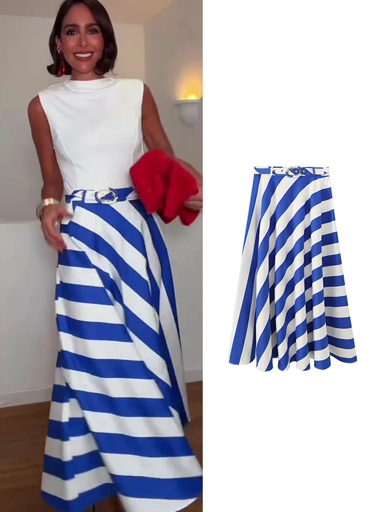 TFMLN 2026 Women Long Skirt Elegant Vacation Style Fashionable Loose Casual Contrasting Striped Belt MIDI Skirt Summer New