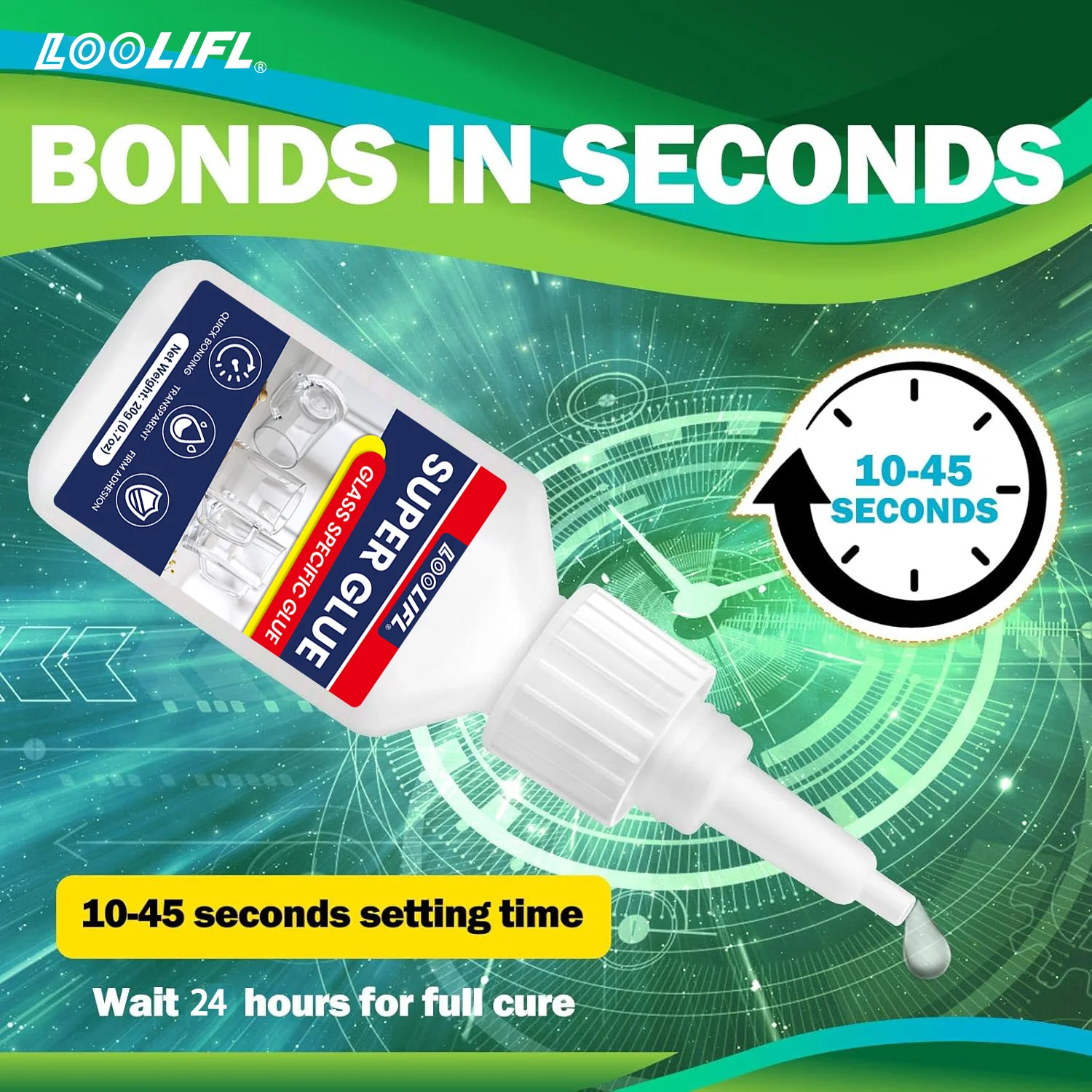 LOOLIFL, Pegamento para vidrio, súper pegamento, Adhesivo para vidrio de secado rápido de 20 g, Fabricación de pegamento profesional durante 15 años, resistente al agua, estable