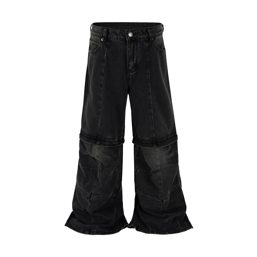 Vintage Washed Distressed Detachable Micro Flared Jeans for Men Streetwear Boot Cut Harajuku Loose Baggy Denim Trousers