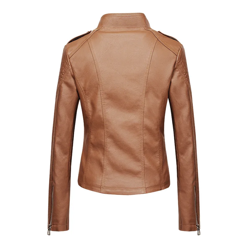 2025 new casual stand collar leather jacket spring and autumn long sleeve coat women's fashion leather three-line craft clothing