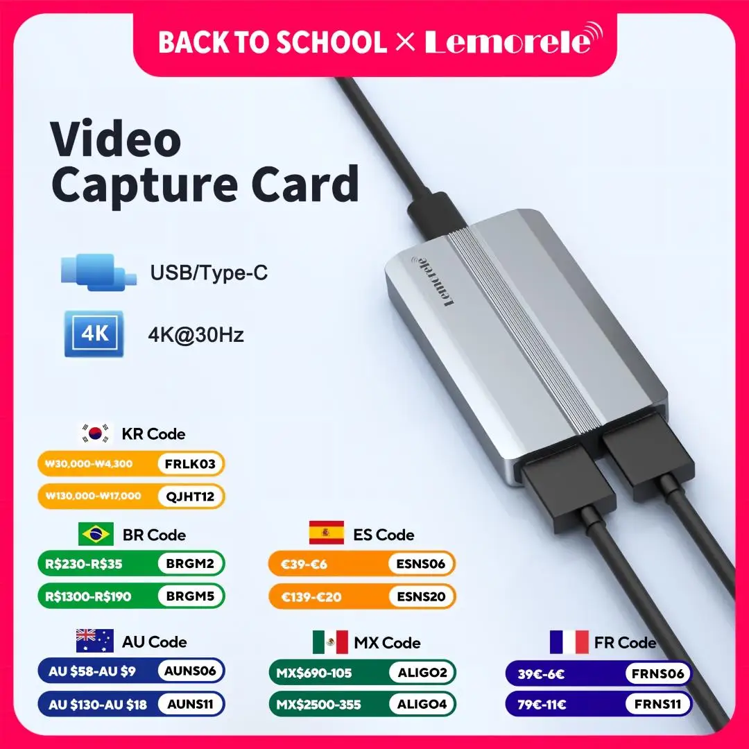 Lemorele 4K Video Capture Card HDMI-Compatible to USB A/Type-C Video Recorder for Game Recording Live Streaming Grabber for PS4