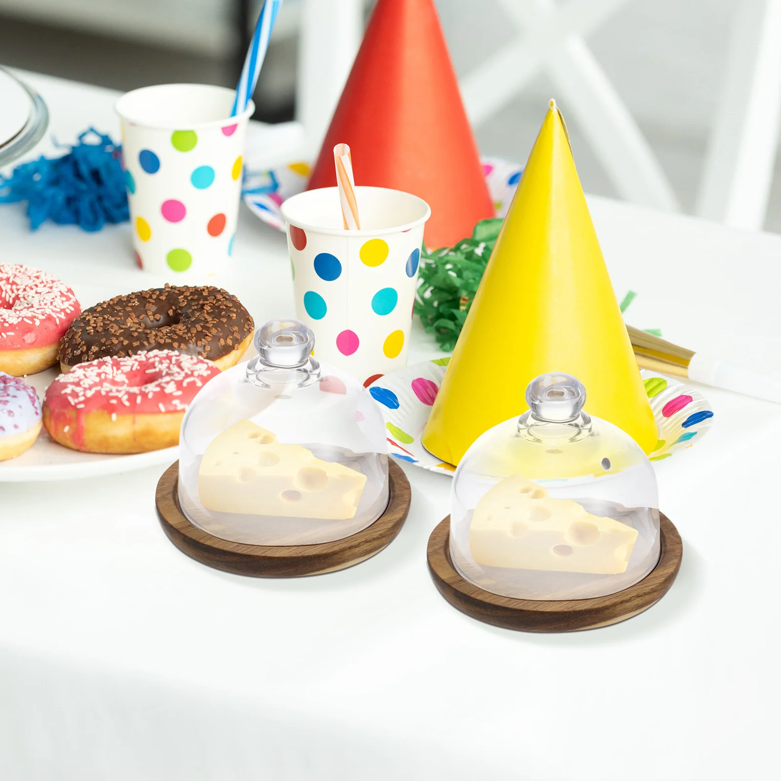 

2Pcs Glass Cake Stand with Lid Butter Dish with Cover Compact Wooden Base for Cakes Cookies Fruits Party Dessert Serving Tray